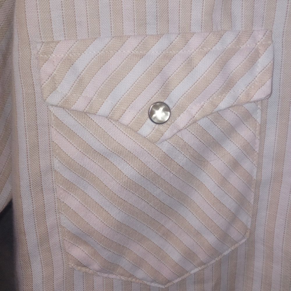Vintage 70s Wrangler Peach Cream Stripe Pearl Snap Short Sleeve Shirt Size XL - Picture 2 of 9